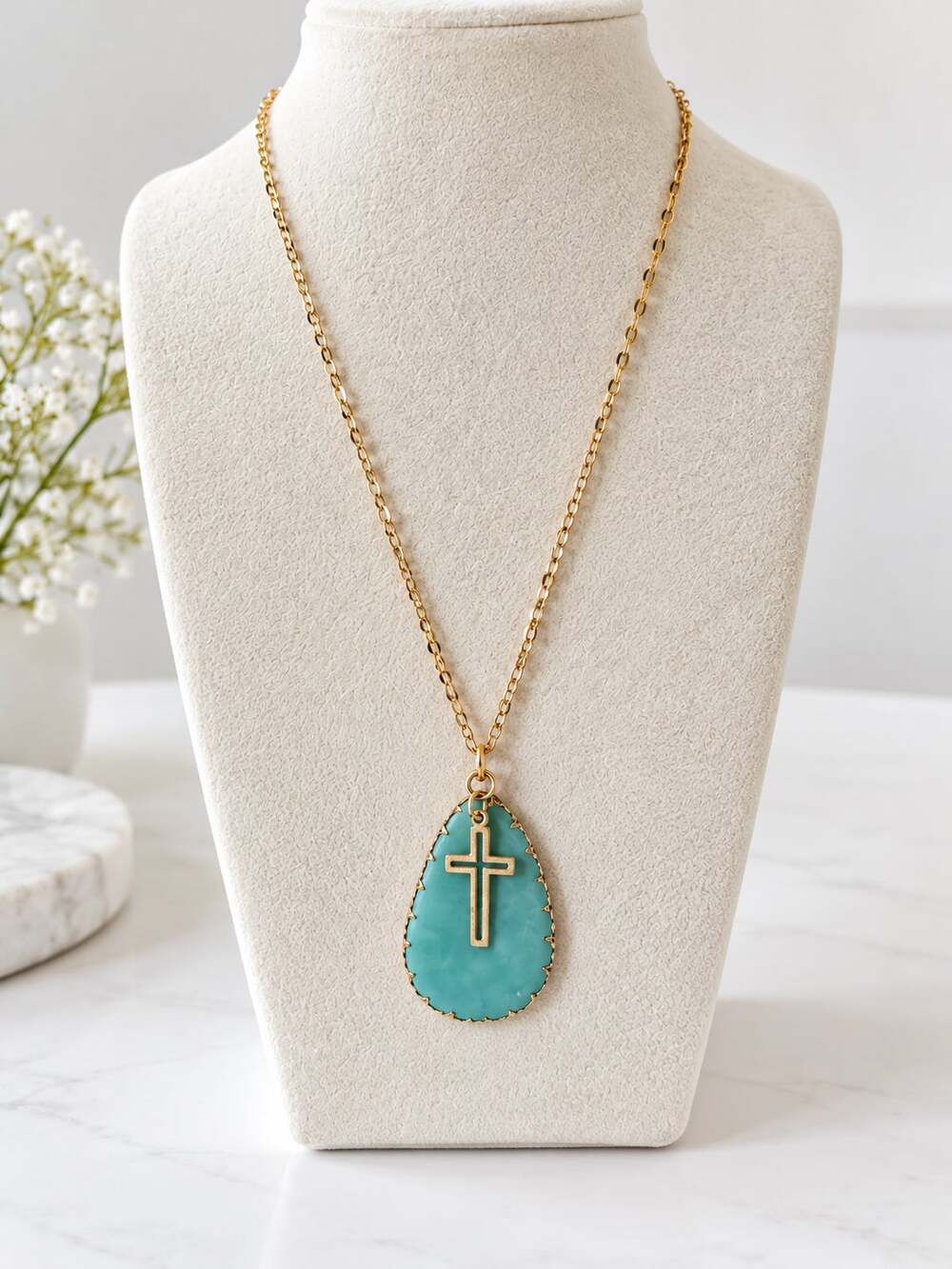 Pomina Gold Semi Precious Blue Stone Cross Necklace New